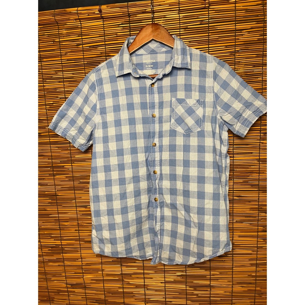 Arizona Jean Co‎ Boys XL 18/20 Blue White Buffalo Plaid Cotton Button Down Shirt